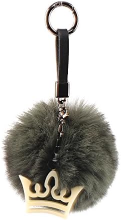 Mavens12 Fox Fur Pom Pom Ball Keychain with Black Leather Strap Keyring and Crown Charm for Bag(wine,gray) (Gray)