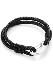 Braided Black Genuine Leather Bracelet with Locking Stainless Steel Clasp, Color Black Silver, Length 8"