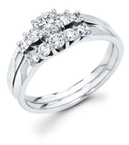 14k White Gold 5 Five Stone Round Diamond Engagement Bridal 2 Two Ring Set w/ Matching Wedding Anniversary Band (4/5 cttw, G-H Color, I1 Clarity)