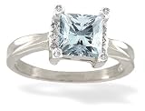 14K White Gold Genuine Square Aquamarine and Diamond Ring