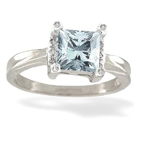 14K White Gold Genuine Square Aquamarine and Diamond Ring by Jewels For Me