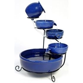 Blue Ceramic Solar Cascade Water Feature with Battery Backup