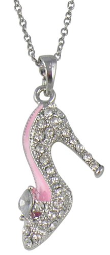Sexy Silver Plated Stiletto High Heel Shoe with Sparkling Crystal Accents and Pink Enamel Pendant and Necklace