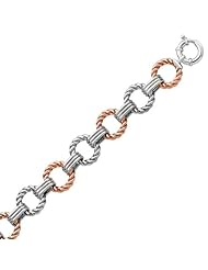 Sterling Silver Rhodium and Rose Plated Rope and Ridged Oval Link Bracelet