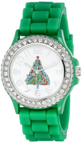 Geneva Women's 5573_xmasgreentree Holiday Boyfriend White Dial with Christmas Tree and Crystals Watch
