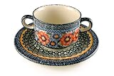 Polish Pottery Poppy Garden Two Handle Soup Mug with Saucer