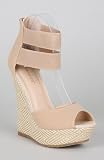 Bamboo Pompey-37 Peep Toe Double Ankle Strap Wedge Sandal - Natural Elastic
