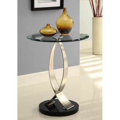 Powell Brushed Chrome, Black Poly and Glass Round Chairside Table