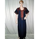 Navy Blue Evening Dress Womens Cotton Kaftan Short Sleeve Resort Wear Size L Free Shipping