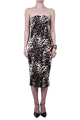 Leopard Print Elastane/Polyester Bandeau Neck Midi Dress 
