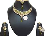 Free Shipping Worldwide Bollywood Awesome Faux Peridot Beads Citrine Rhinestone Necklace Earring Tikka Set.