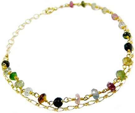 Watermelon Tourmaline and 14k Gold Fill Double Chain Bracelet, Adjustable 7