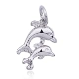 Rhodium Plated Sterling Silver Dolphins Charm