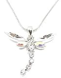 Beautiful Large Ice/White & Aurora Borealis Crystal Dragonfly Charm Necklace Silver Tone Tail Moves