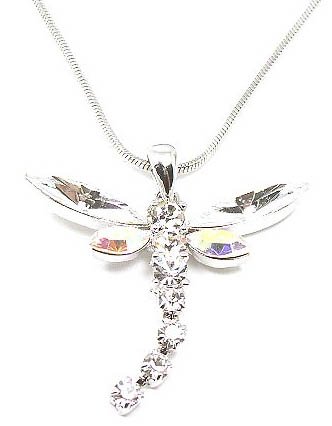 Beautiful Large Ice/White & Aurora Borealis Crystal Dragonfly Charm Necklace Silver Tone Tail Moves
