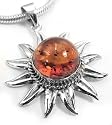 Sterling Silver Baltic Amber Flaming Sun Pendant Necklace 18"