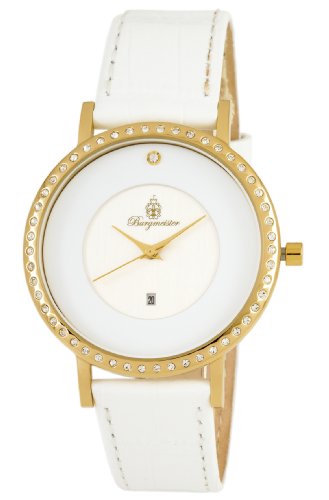 Burgmeister Umbria BM601-122g/w Damen Uhr IP Gold wei&szlig; Datum Swarovski-Kristalle Leder wei&szlig;