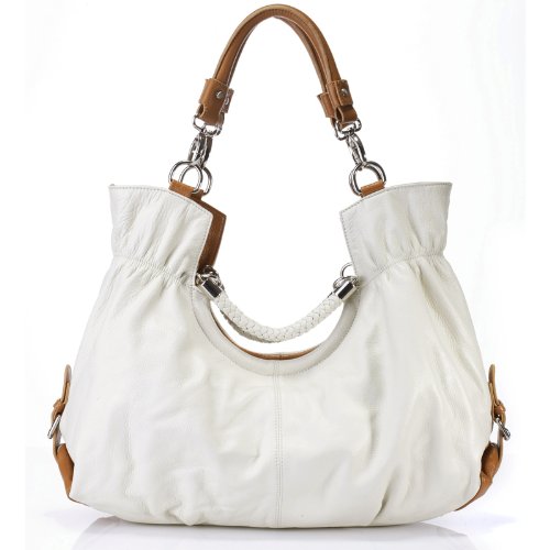 Maselle Beige White Italian Leather Tote Handbag