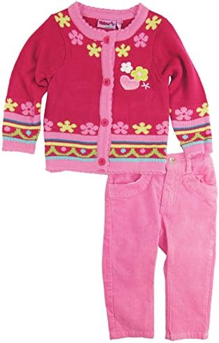 Titicos Babies Baby Girls Floral Button Up Cardigan Sweater 2Pc Pant Set, Fuchsia, 12-18 Months