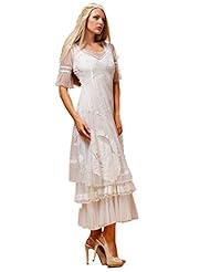 V-neck Tea Length Vintage Cotton/Tulle  Dress