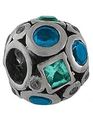 Biagi Sterling Diamond and Circle Pattern Ball Bead with Aqua, Clear and Blue CZ fits European Charm Bracelet