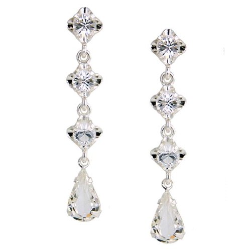 Sparkle Silver Tone Clear Crystal Teardrop Linear Earrings