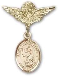 Gold Filled Baby Badge with St. Vincent Ferrer Charm and Angel with Wings Badge Pin