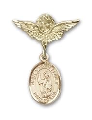 14K Gold Baby Badge with St. Vincent Ferrer Charm and Angel with Wings Badge Pin