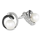 Black Rhodium Plated 10k White Gold Freshwater Cultured Pearl and Black and White Diamond Ear-Pin Earrings, (0.25 cttw, G-H Color, I3 Clarity)