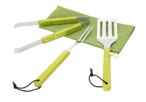 iDélice PR263857A Lot de 3 Ustensiles Barbecue + Etui de Rangement Inox/Bois Vert Anis