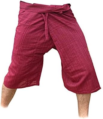 Thai Fisherman Pants Yoga Trousers Free Size 3/4 Cotton Stripe-Burgundy