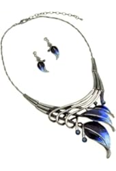Silvertone Dark Blue Leaf Statement Necklace and Earrings Set