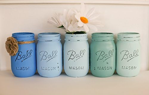Painted Distressed Mason Jars - Blues and Teal- Wedding Centerpiece