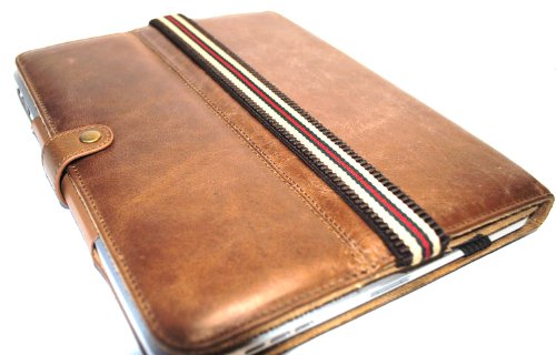 Premium Apple Ipad Tablet Brown Solid Color Genuine Real Leather Book Style Case with Adjustible Viewing Angle + Car Mount Headrest Strap Brown Green Red