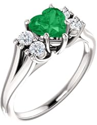 14K White Gold 6.00x6.00mm Heart Cut Chatham Created Emerald and Diamond Ring -- LIFETIME WARRANTY