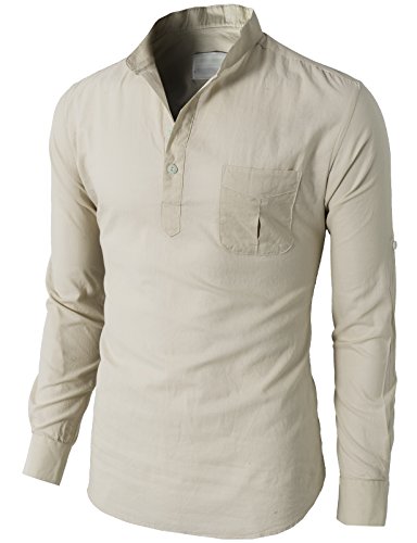 H2H Mens Casual Slim Fit Henley Roll-up Sleeve Cotton Lightweight Shirts