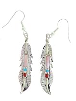 By Artist F. Barney Beautiful! Sterling-silver Genuine stones Feather Navajo dangle-earrings