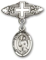 Sterling Silver Baby Badge with St. Maurus Charm and Badge Pin with Cross