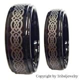 8MM Men & 6MM Women Black Tungsten Carbide Wedding Band Ring Set w/Laser Etched Celtic Design (Available Sizes 4-15 Including Half Sizes)