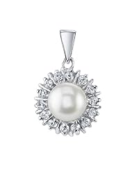 Cubic Zirconia Starburst Sterling Silver Pendant with White Freshwater Pearl Center, Gift Box