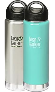 Klean Kanteen Wide Mouth Insulated Water Bottle with Loop Cap,20-Ounce,2 Pk: Brushed Stainless & Glacial Glass
