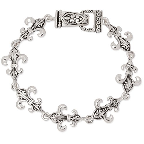Fleur De Lis Polished Silver Tone Scrollwork Magnetic Clasp Bracelet