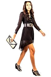 Sexy Sheer Chiffon/Faux-Leather/Polyester High-Low-Hem Long Sleeves  Dress