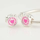 925 Sterling Silver Pink Love Hearts Alarm Clock Pink Enamel Bead Charm for Pandora, Biagi, Chamilia, Troll and More Bracelets