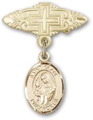 Gold Filled Baby Badge with St. Clare of Assisi Charm and Badge Pin with Cross