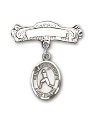 Sterling Silver Baby Badge with St. Christopher/Baseball Charm and Arched Polished Badge Pin