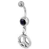 Clear And Black Crystal Peace Sign Dangle Belly Ring