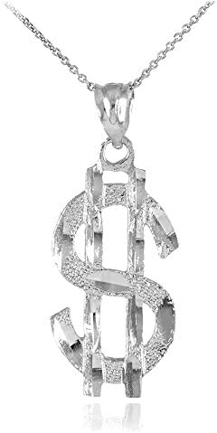 14k White Gold Dollar Sign $ Bling Pendant Necklace, 22"