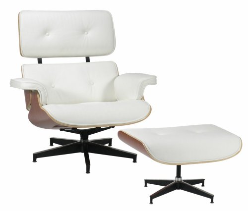 Modern Classic Plywood Lounge Chair & Ottoman with Cherry Base & White Leather Uphostery