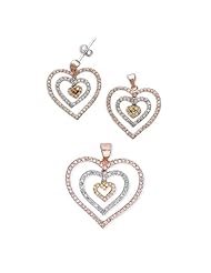 BRI Jewelry - Rose, Gold, And Rhodium Triple Heart Dangling Pendant And Earrings Set